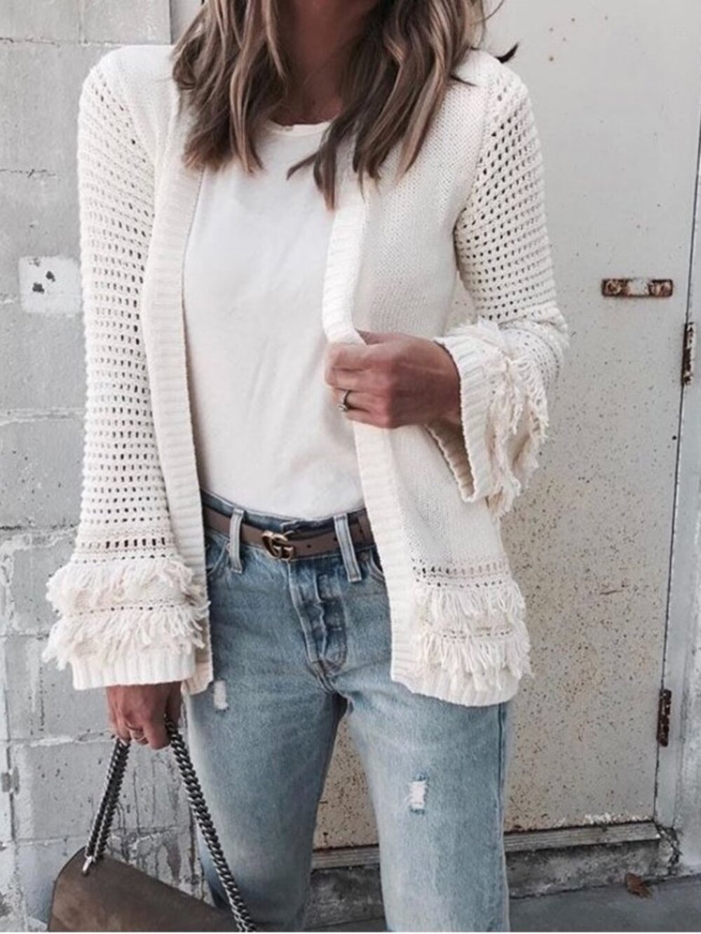 Chaser Fringe Open Front Cardigan Sweater Women's Size Medium Natural Pockets